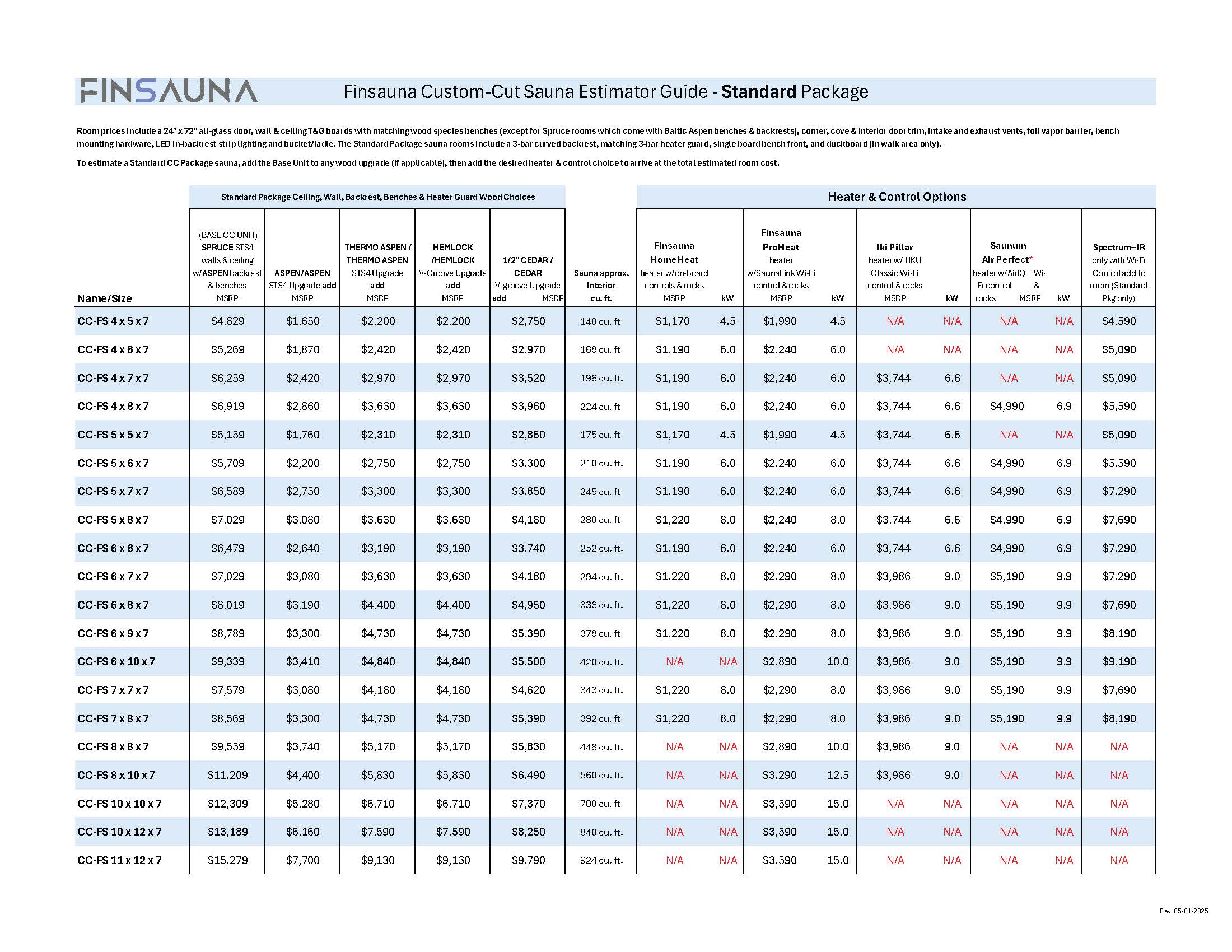 Custom-Cut Sauna Estimator Guide - Standard Package